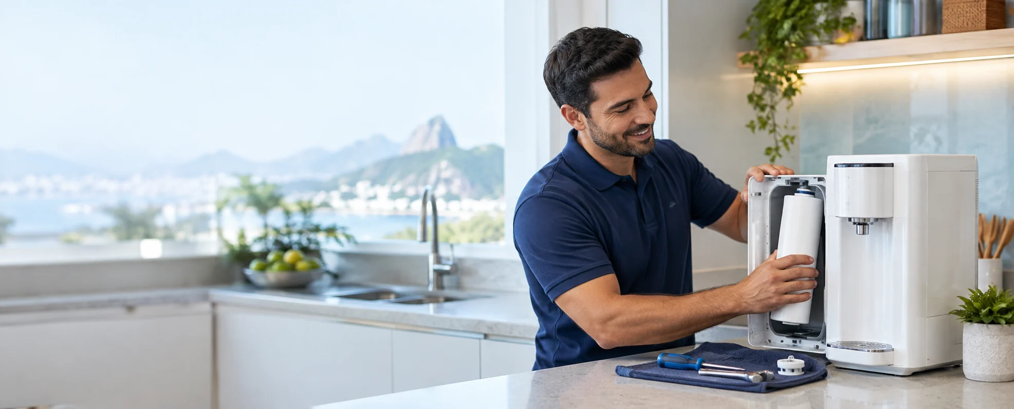 Técnico realizando manutenção em purificador de água